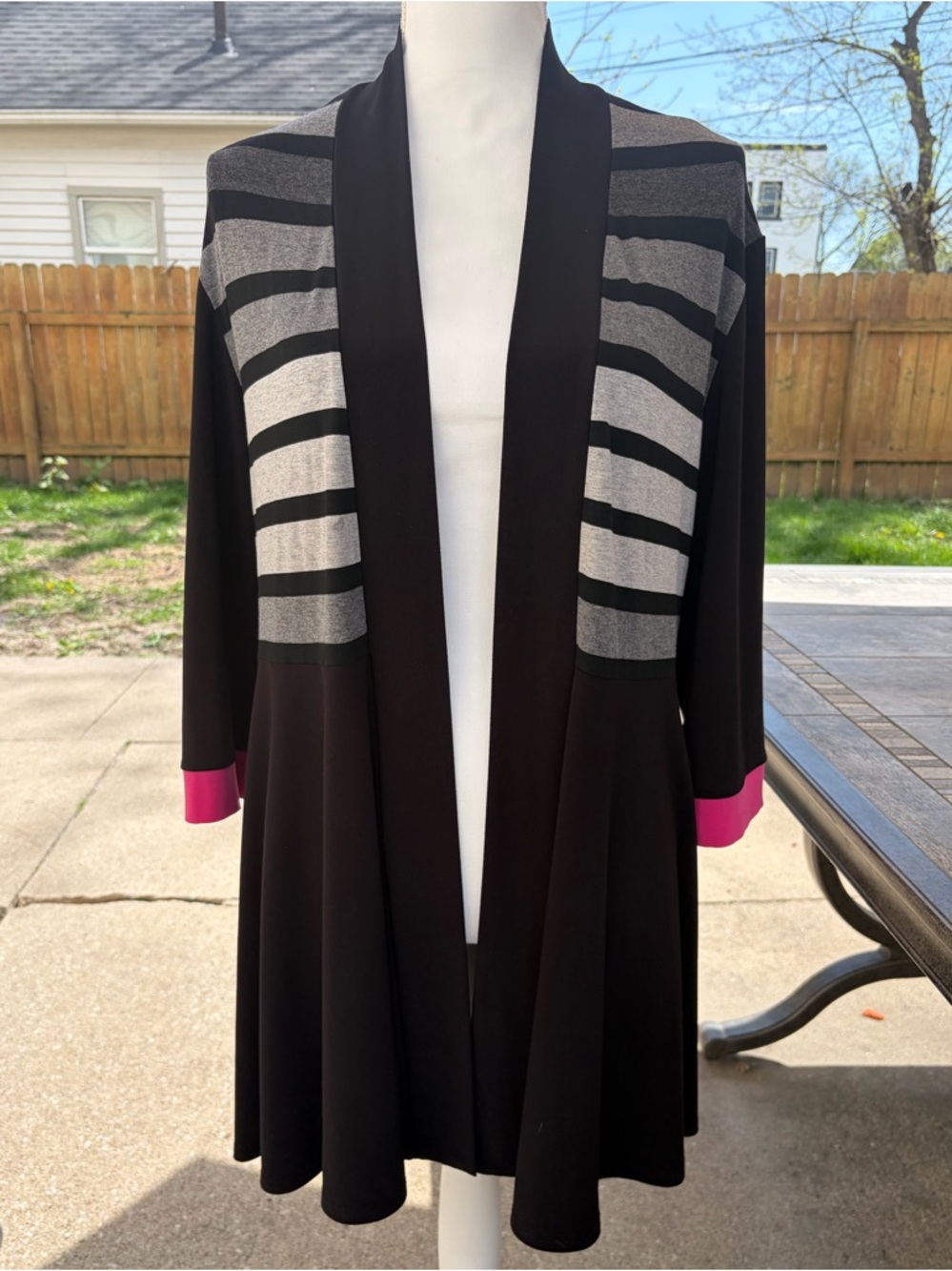 Joseph Ribkoff Black Gray Striped Open Duster Cardigan Pink Cuffs Size 16 XL